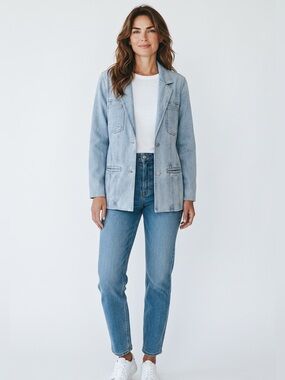 Acup Studio Oversized Denim Blazer Jacket - Light Wash Raw Edge Size 8